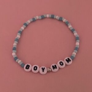 Blue and White Beaded 'Boy Mom' Bracelet